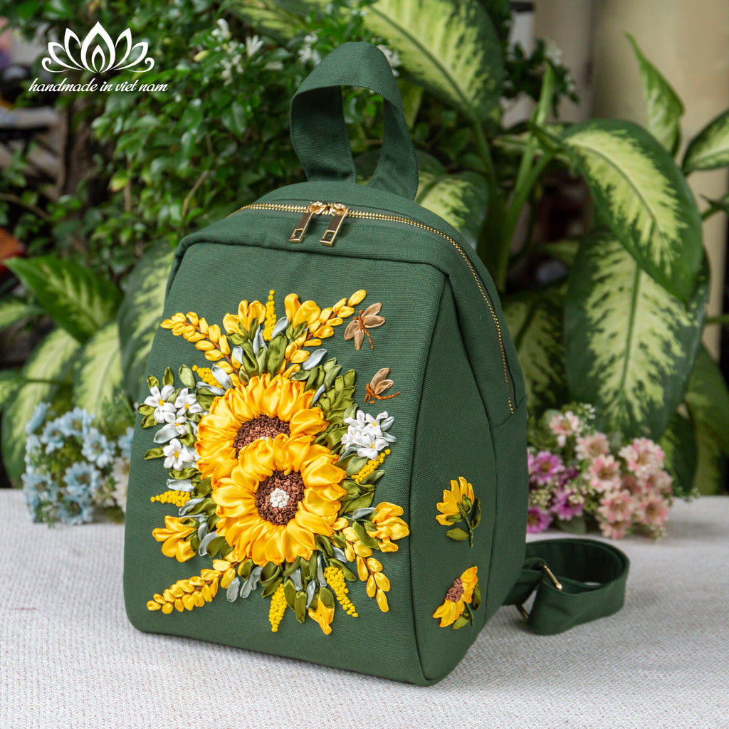 Hand Embroidered Sunflower Ribbon Backpack