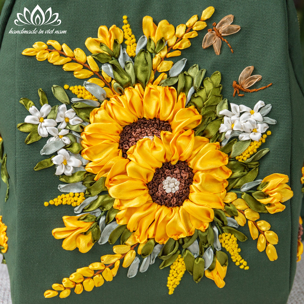 Hand Embroidered Sunflower Ribbon Backpack