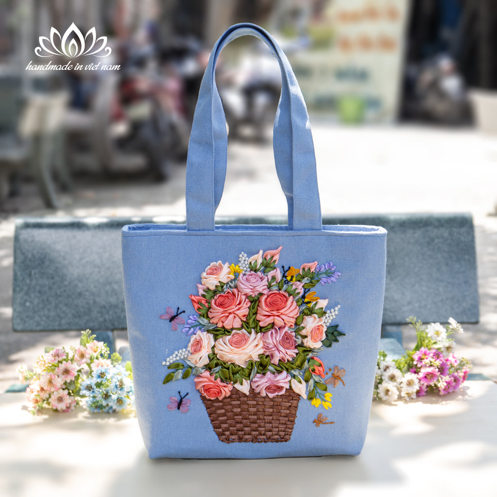 Ribbon Embroidered Floral Tote Bag | Structured Canvas Everyday Tote
