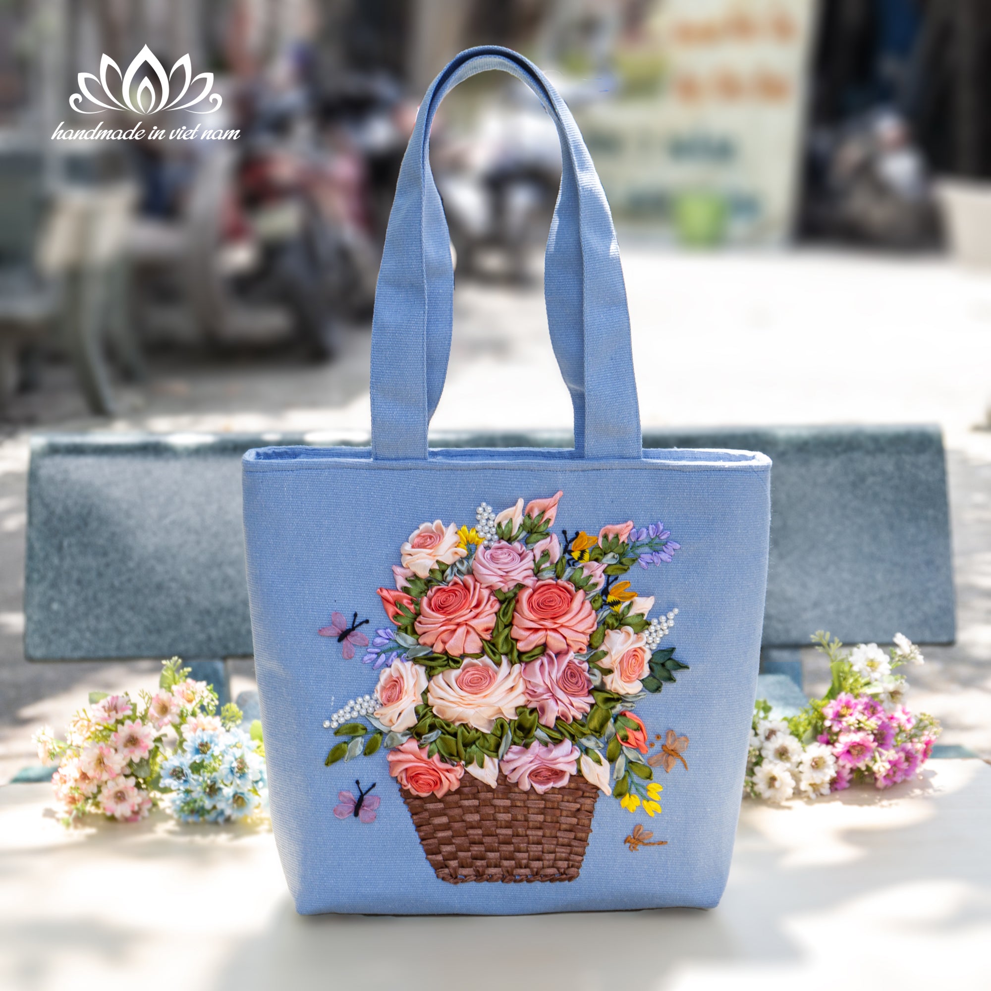 Ribbon Embroidered Floral Tote Bag | Structured Canvas Everyday Tote