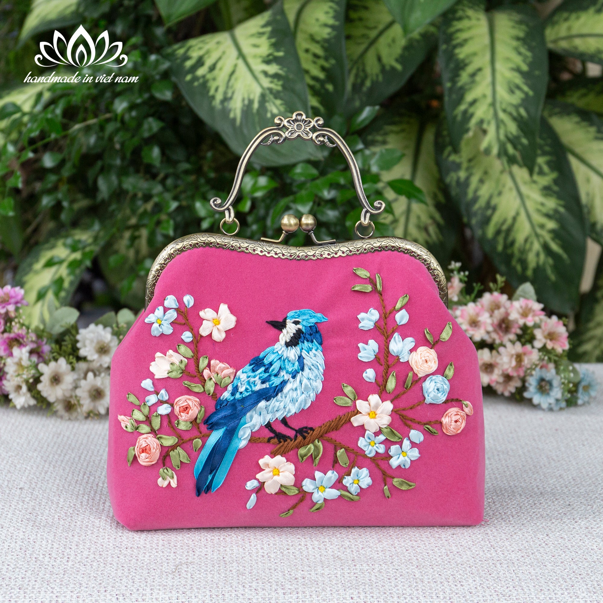 Hand Embroidered Blue Bird Kiss Lock Bag | Handmade Ribbon Embroidery Velvet Purse with Chain Strap