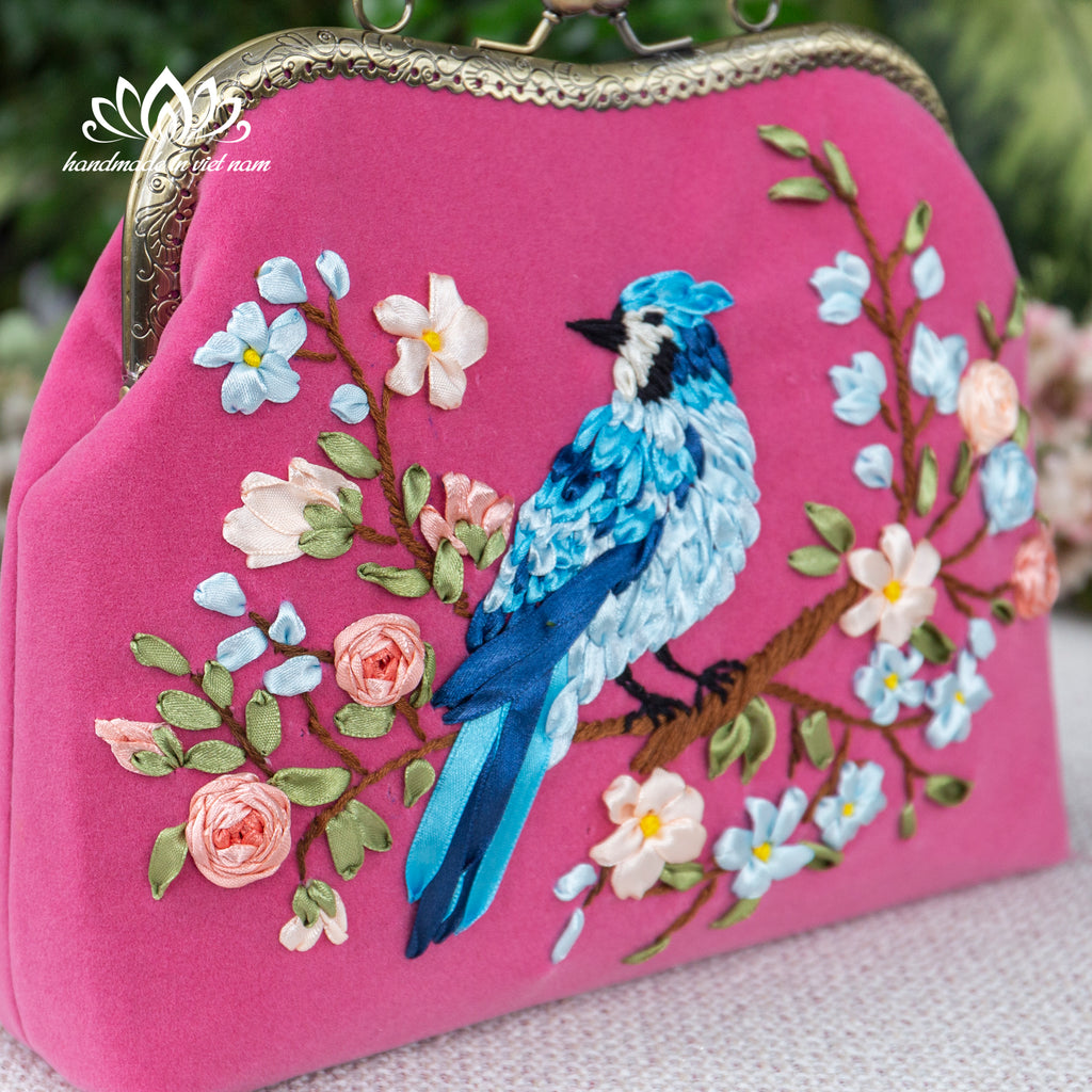Hand Embroidered Blue Bird Kiss Lock Bag | Handmade Ribbon Embroidery Velvet Purse with Chain Strap