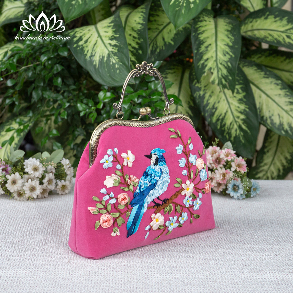 Hand Embroidered Blue Bird Kiss Lock Bag | Handmade Ribbon Embroidery Velvet Purse with Chain Strap