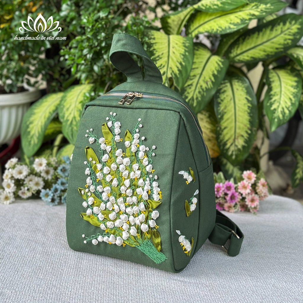 Lily of the Valley Ribbon Embroidered Backpack | A Symbol of Happiness