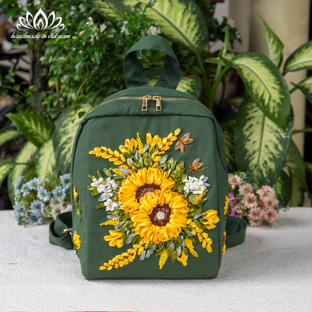 Hand Embroidered Sunflower Ribbon Backpack