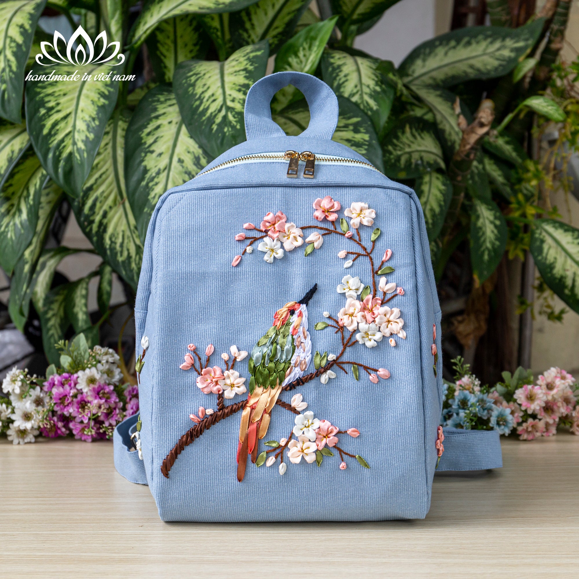 Ribbon Embroidered Bird Backpack | Everyday Canvas Backpack