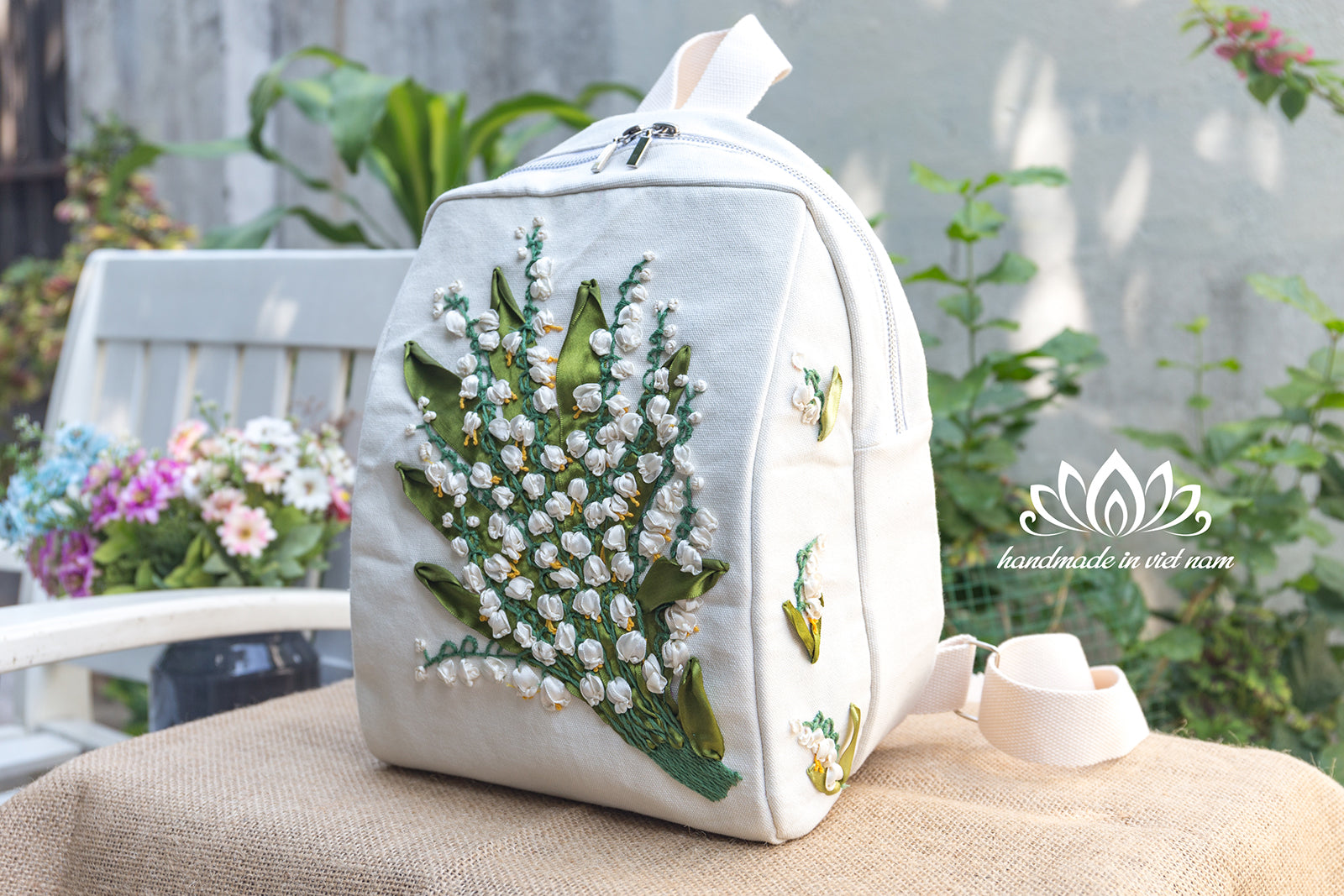 Lily of the Valley Ribbon Embroidered Backpack | A Symbol of Happiness