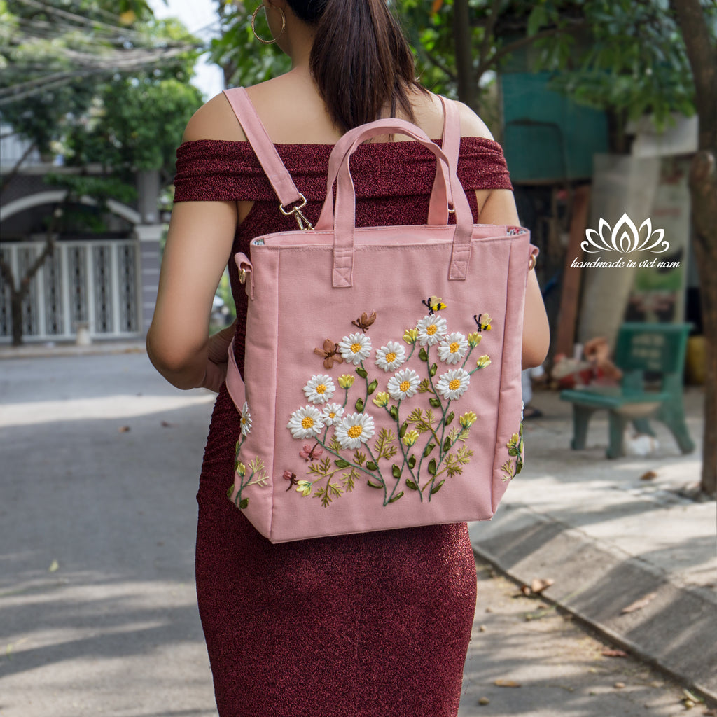Hand Embroidered Daisy Convertible Backpack Tote | Lotus Vietnam