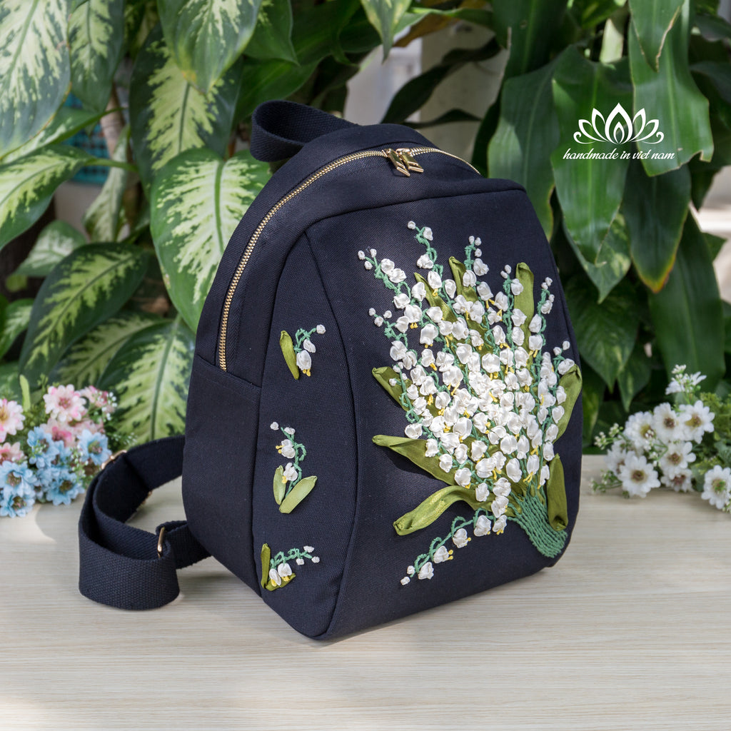 Lily of the Valley Ribbon Embroidered Backpack | A Symbol of Happiness