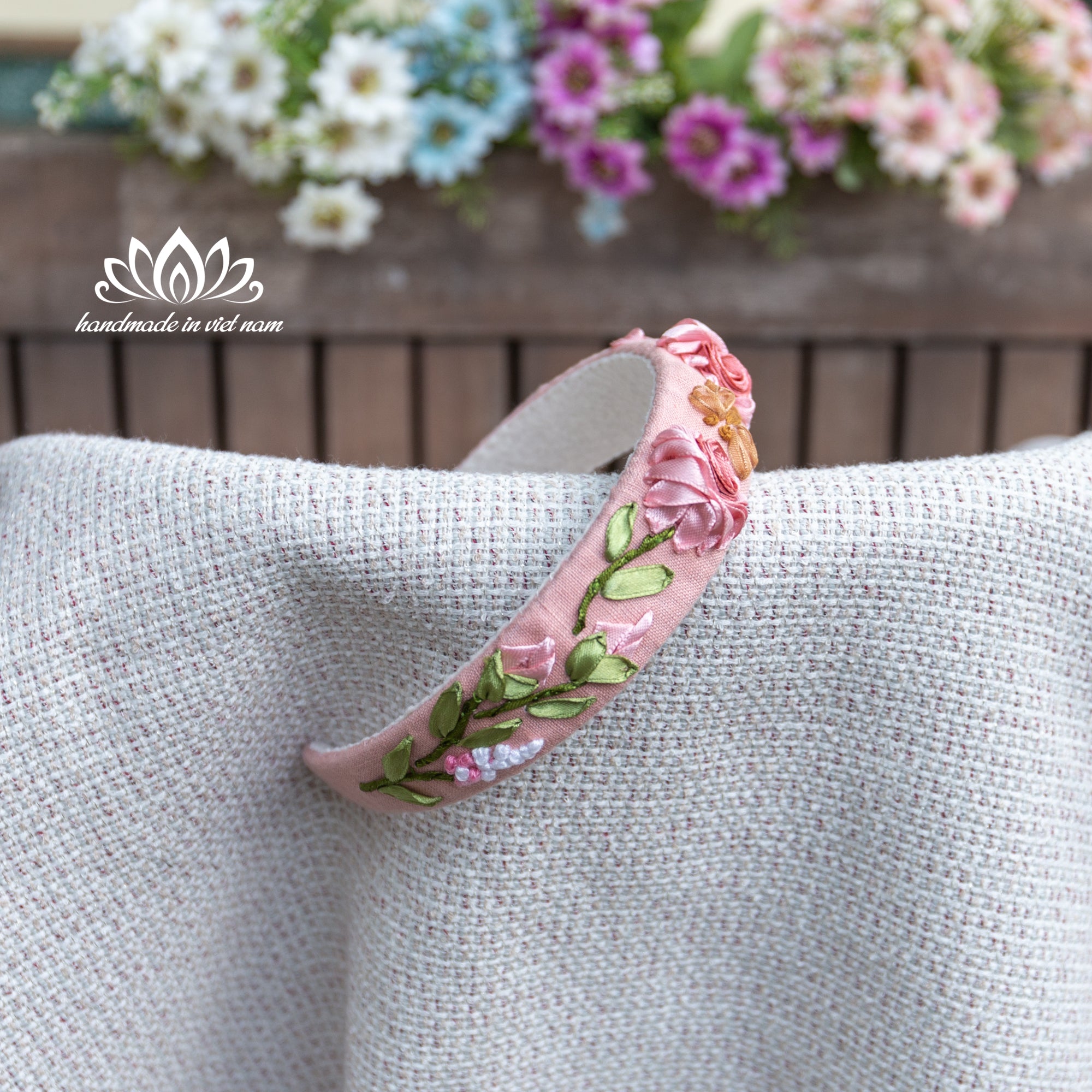 Ribbon Embroidered Linen Headband | Handmade Floral Hair Accessory for Women & Girls