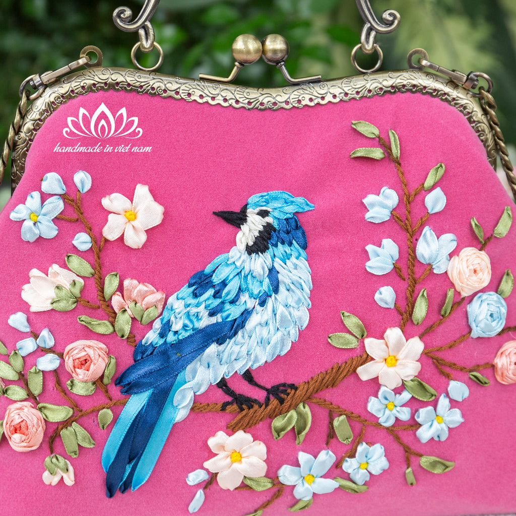 Hand Embroidered Blue Bird Kiss Lock Bag | Handmade Ribbon Embroidery Velvet Purse with Chain Strap