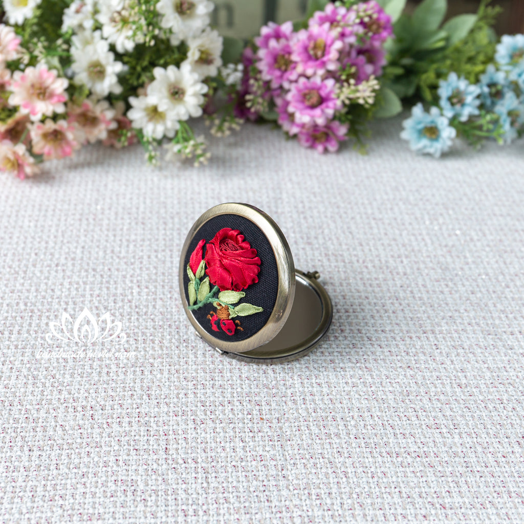 Hand Embroidered Pocket Mirror | Lucky Ladybug Ribbon Rose Gift