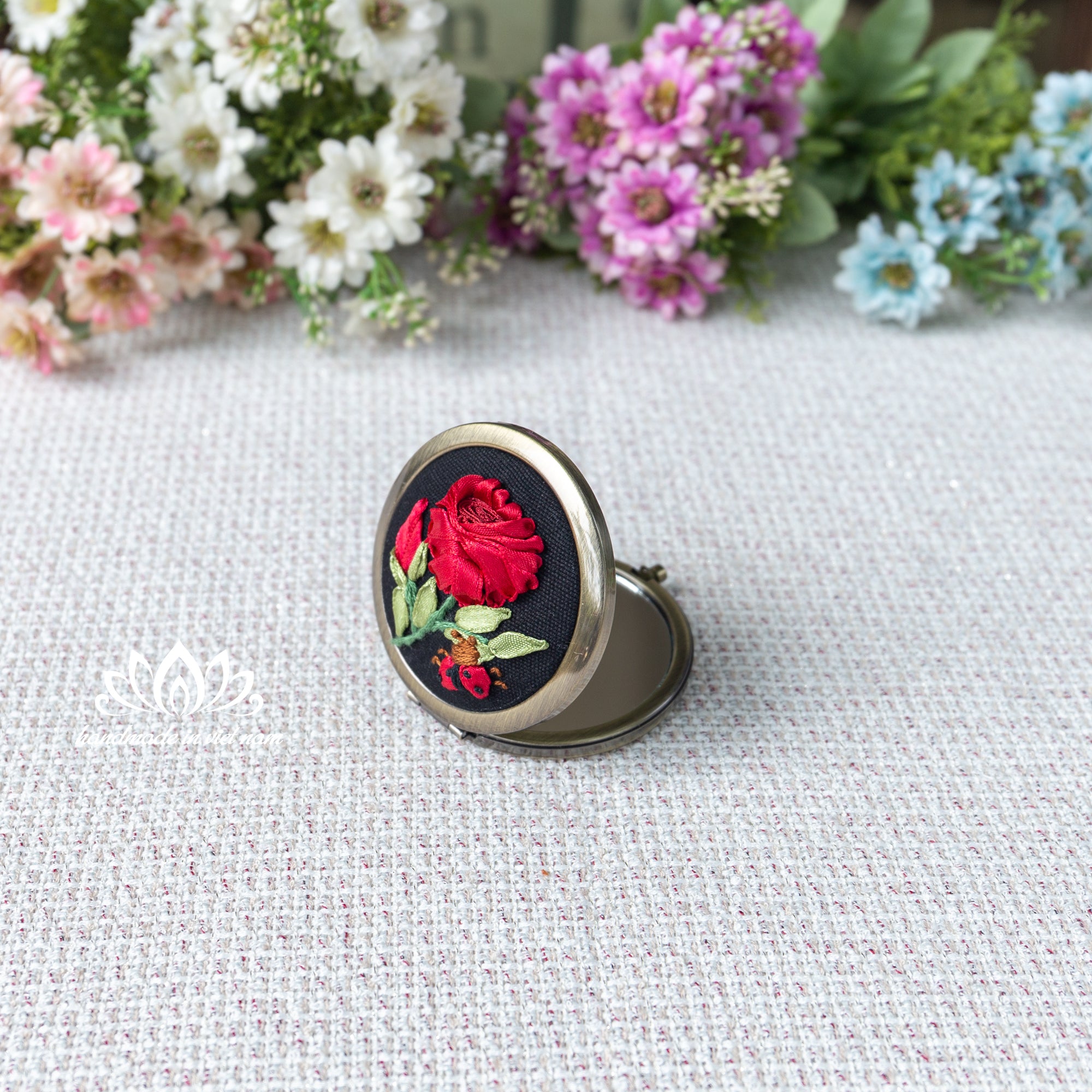 Hand Embroidered Pocket Mirror | Lucky Ladybug Ribbon Rose Gift
