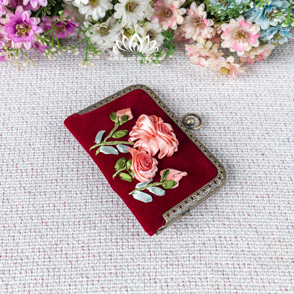 Ribbon Embroidered Mini Card Wallet | Compact Floral Coin Purse