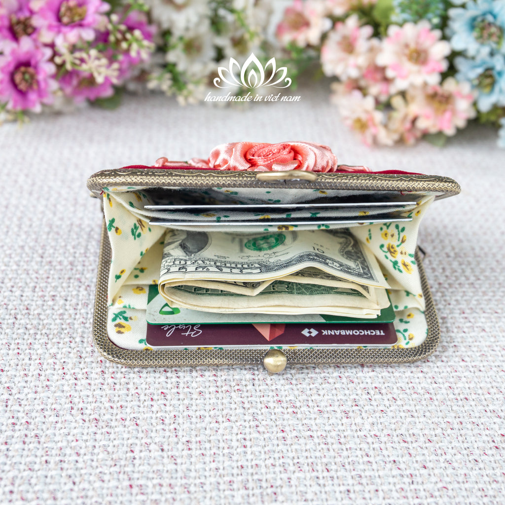 Ribbon Embroidered Mini Card Wallet | Compact Floral Coin Purse