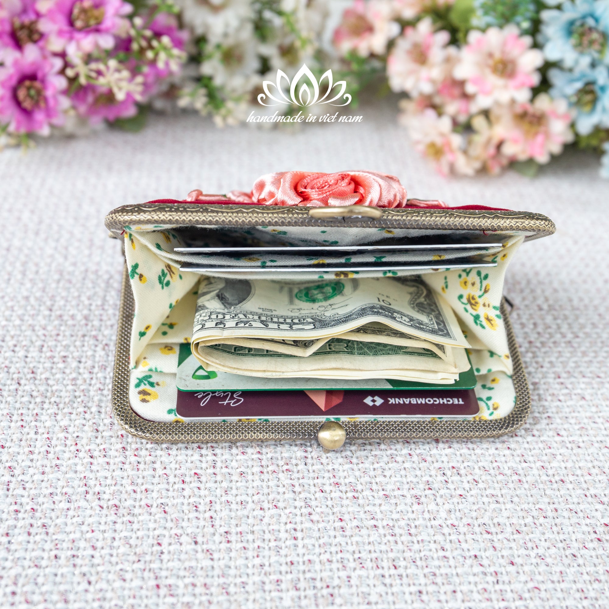 Ribbon Embroidered Mini Card Wallet | Compact Floral Coin Purse