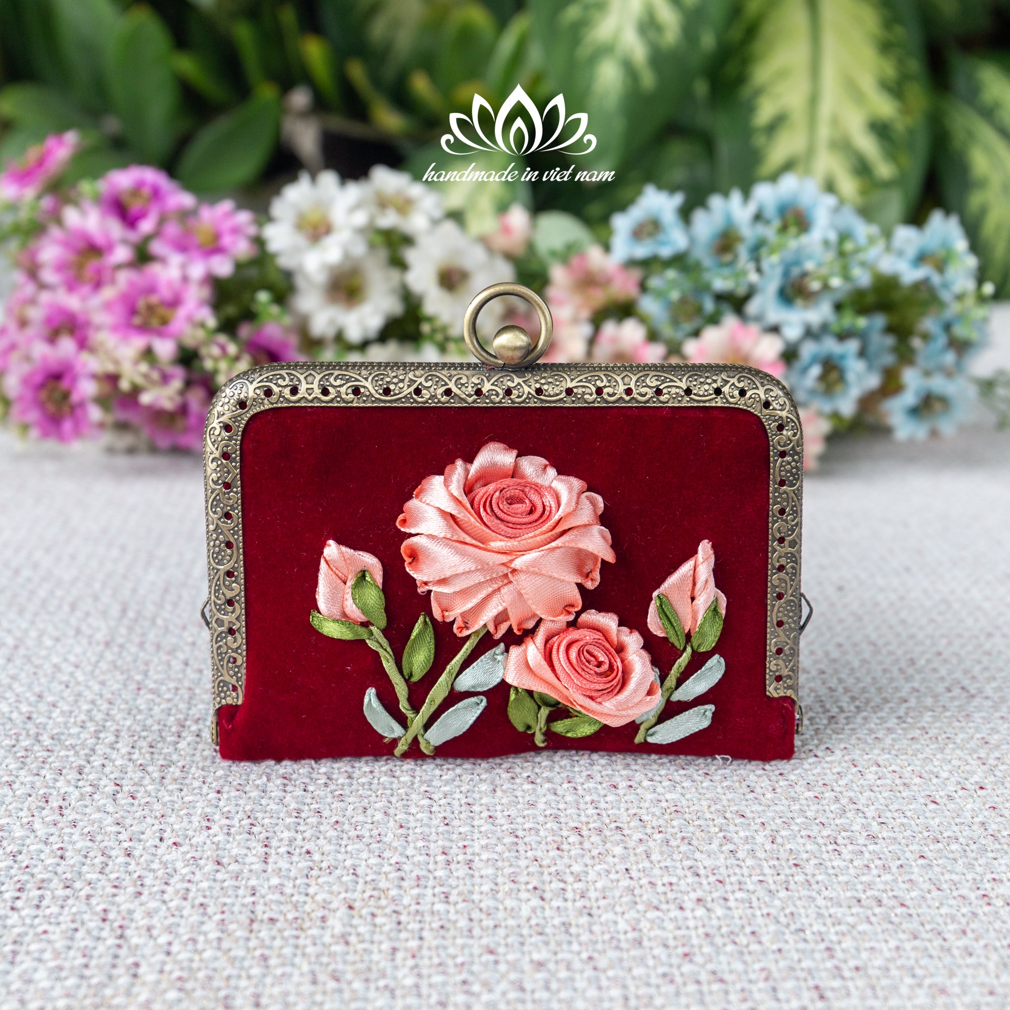 Ribbon Embroidered Mini Card Wallet | Compact Floral Coin Purse