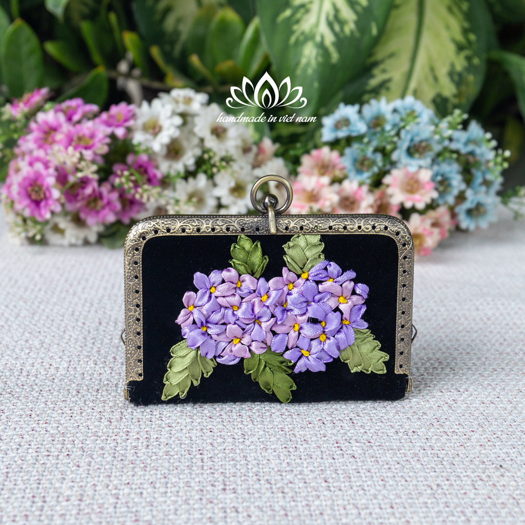 Ribbon Embroidered Mini Card Wallet | Compact Floral Coin Purse