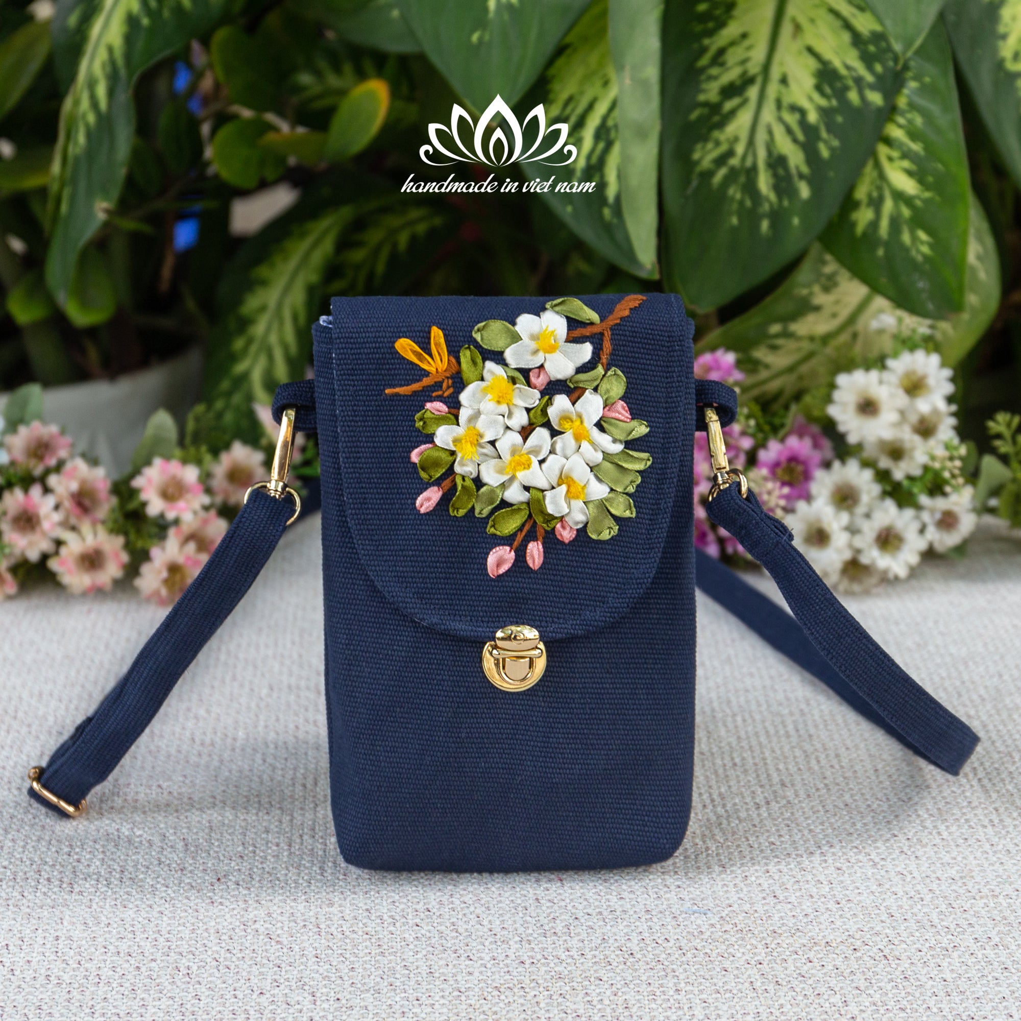 Hand Embroidered Apple Blossom Phone Bag | Crossbody Phone Purse