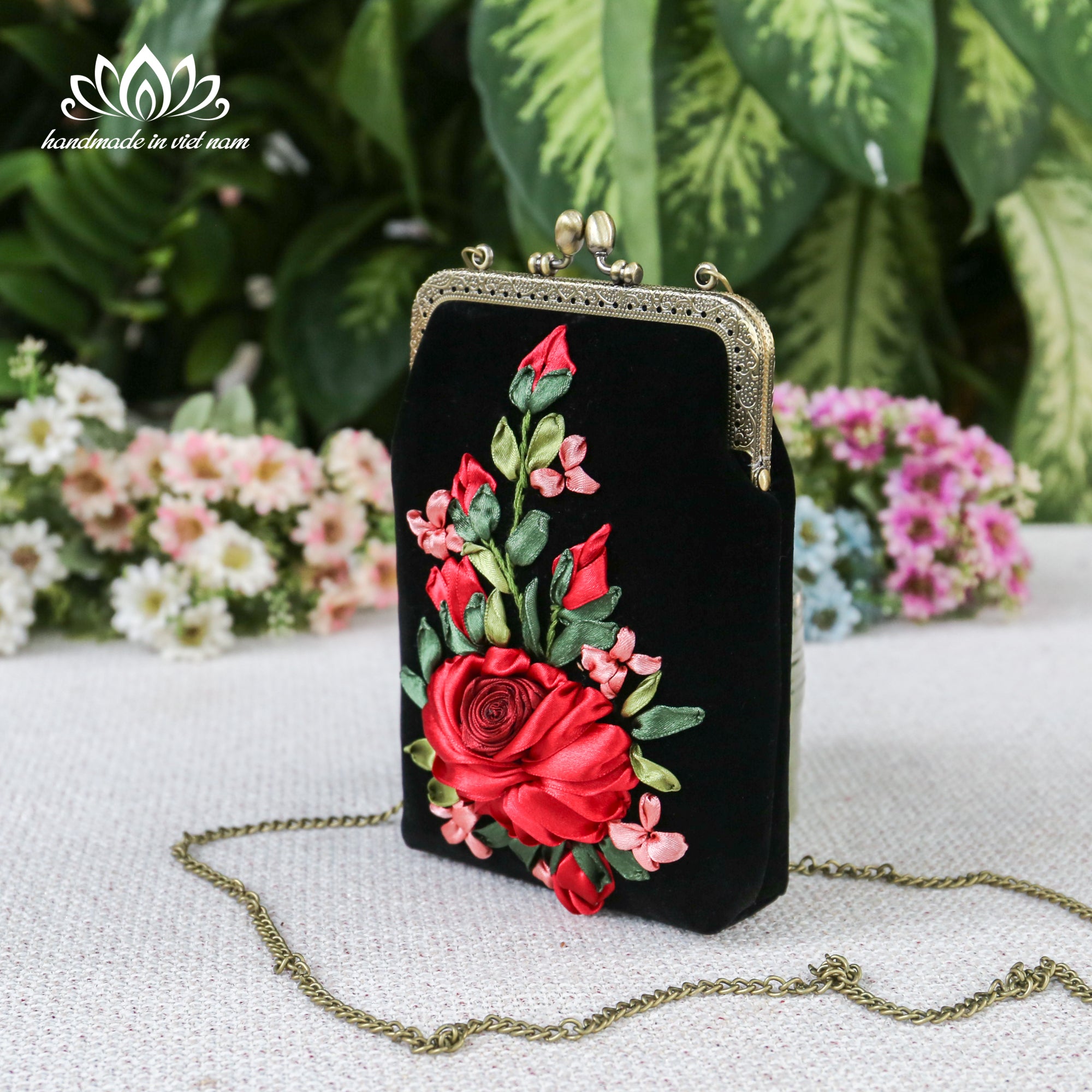 Hand Embroidered Velvet Phone Bag | Ribbon Rose Kiss Lock Purse