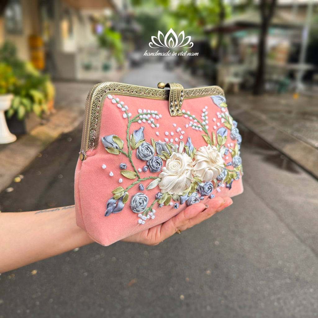 Hand Embroidered Velvet Clutch Bag | Floral Ribbon Embroidery Evening Bag