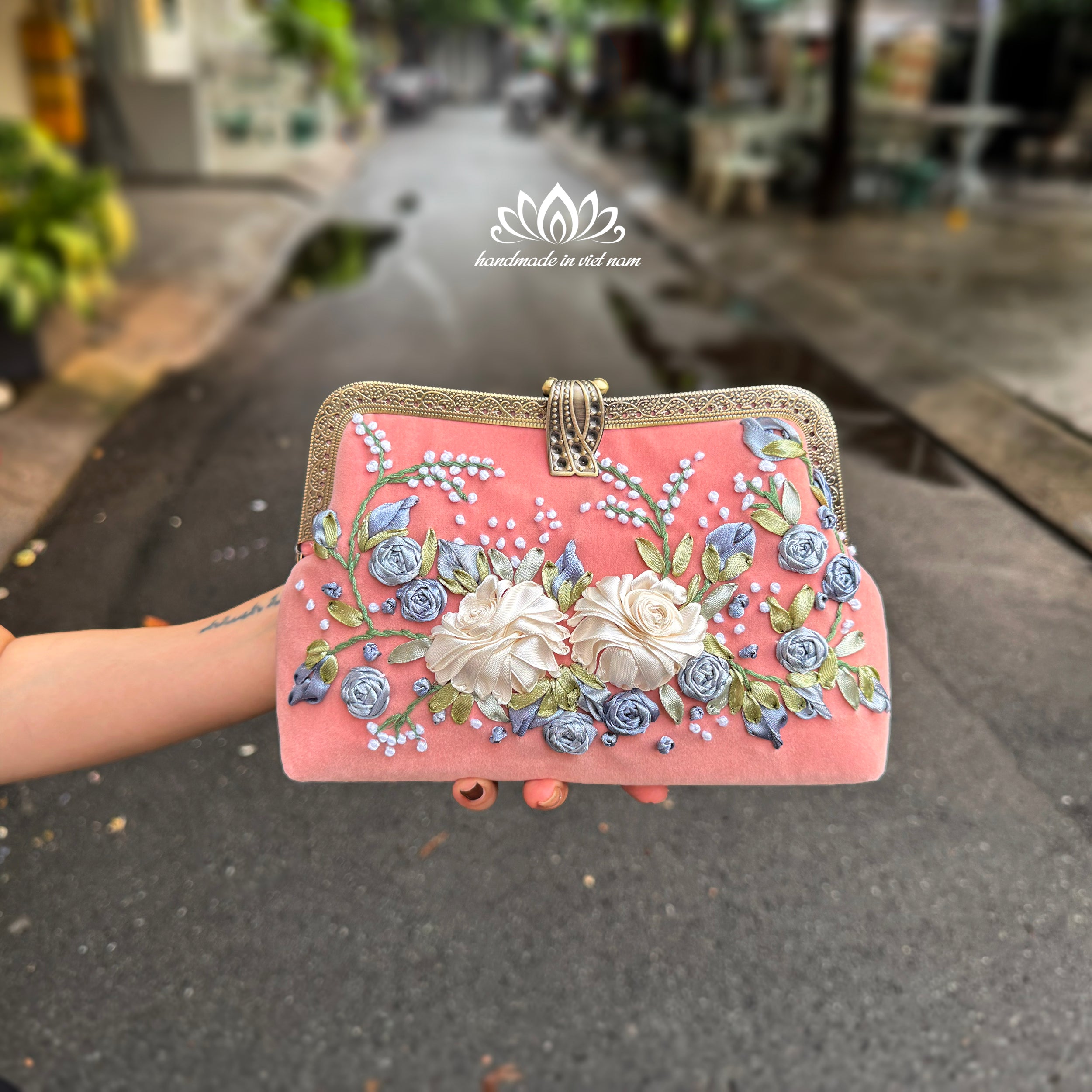Hand Embroidered Velvet Clutch Bag | Floral Ribbon Embroidery Evening Bag