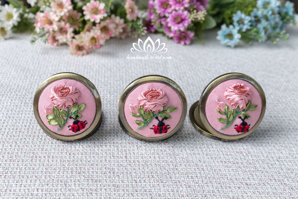 Hand Embroidered Pocket Mirror | Lucky Ladybug Ribbon Rose Gift