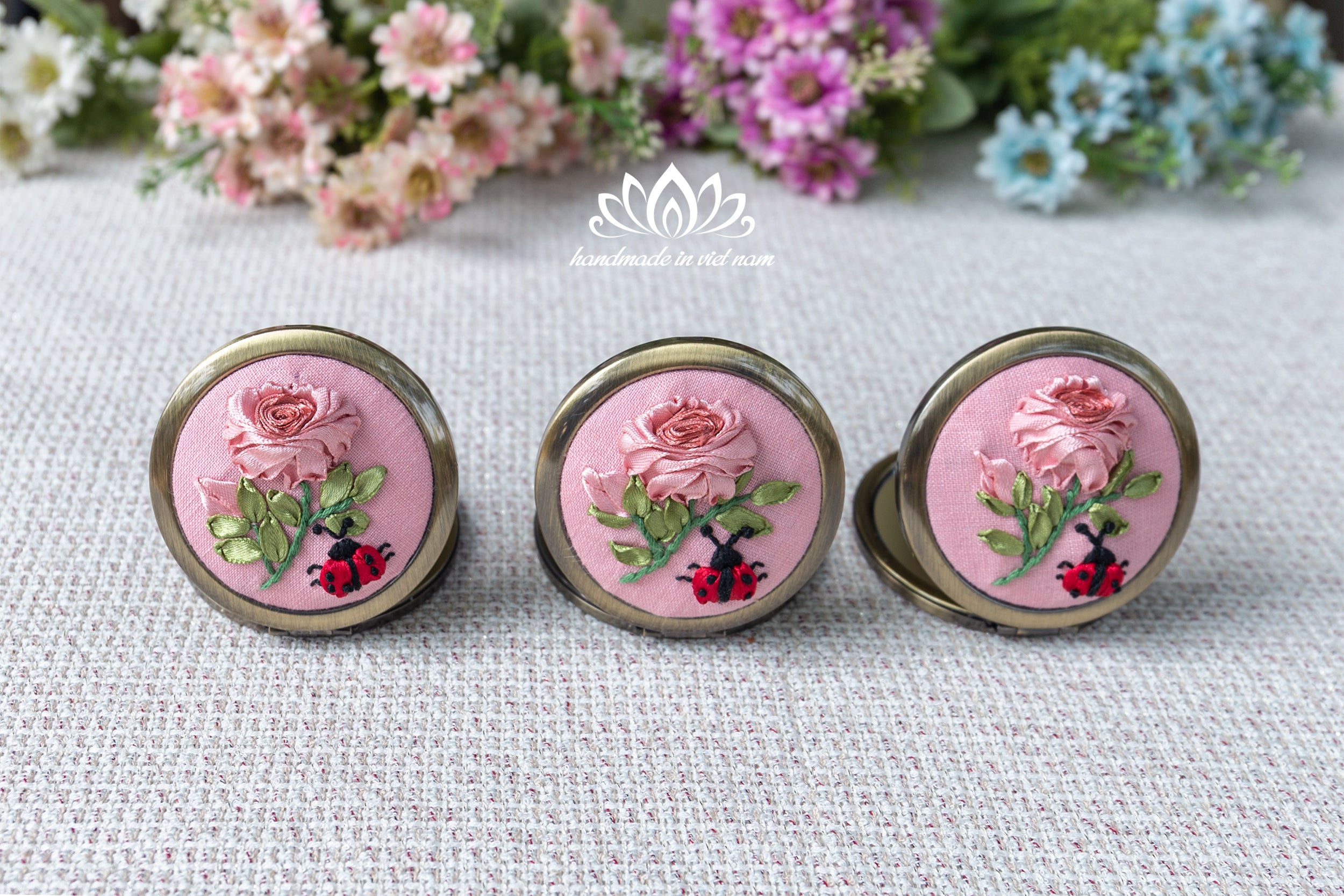 Hand Embroidered Pocket Mirror | Lucky Ladybug Ribbon Rose Gift
