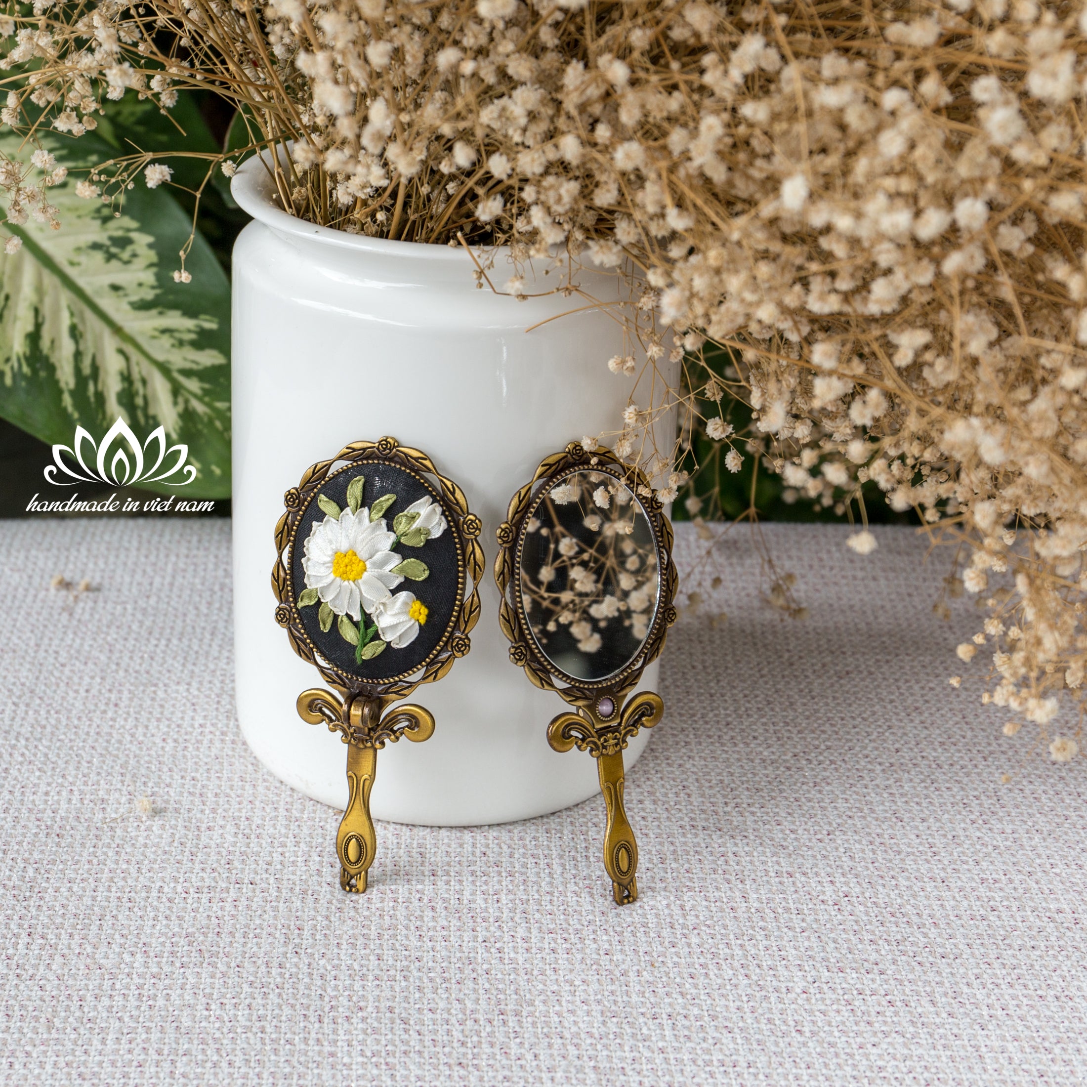 Hand Embroidered Compact Mirror | Ribbon Embroidery Floral Hand Mirror