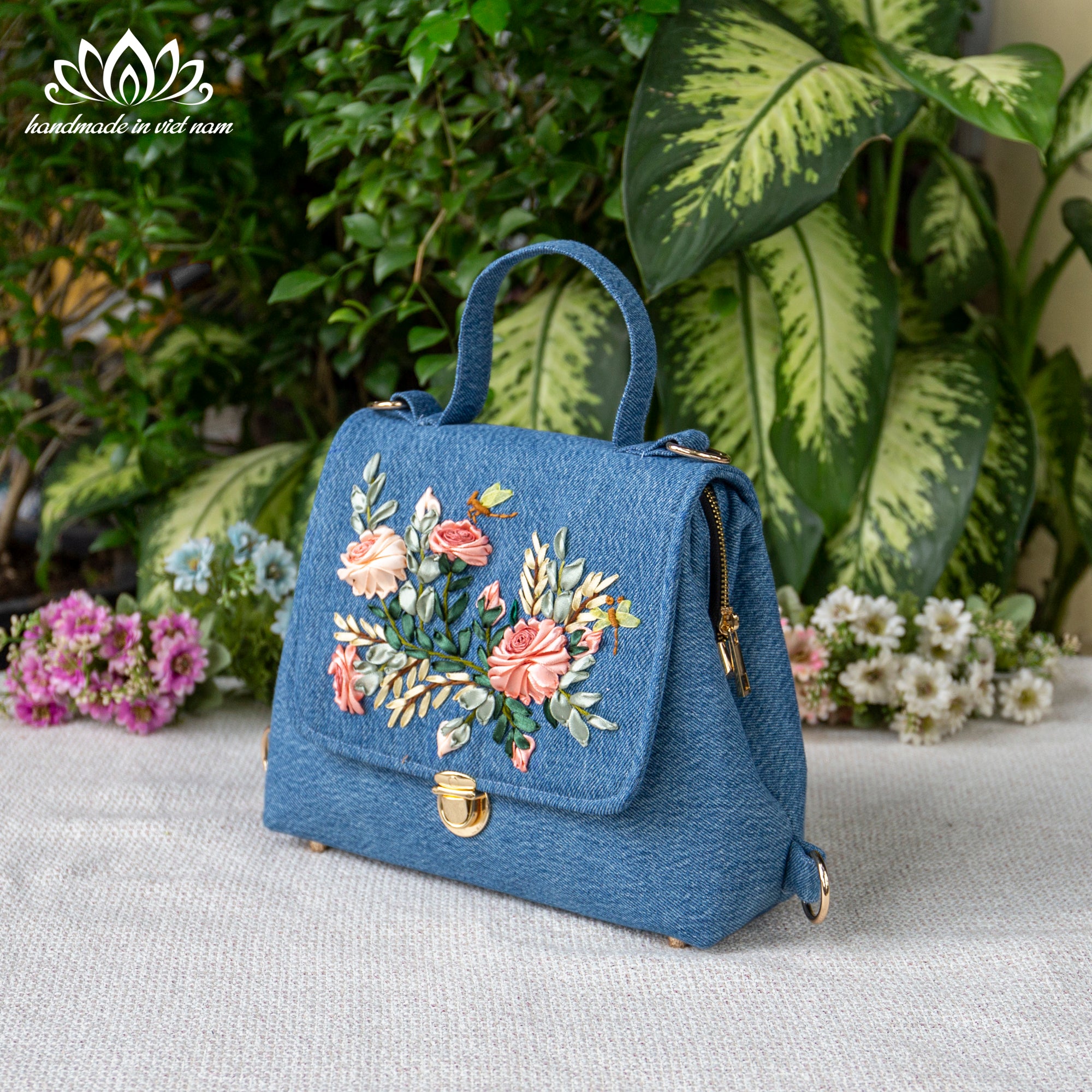 Ribbon Embroidered Denim Doctor Bag | Convertible Handbag & Mini Backpack