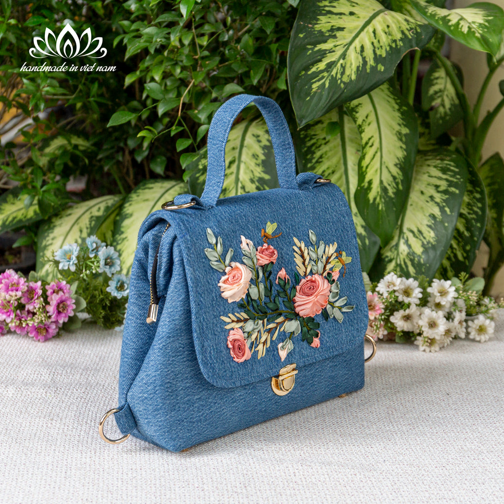 Ribbon Embroidered Denim Doctor Bag | Convertible Handbag & Mini Backpack