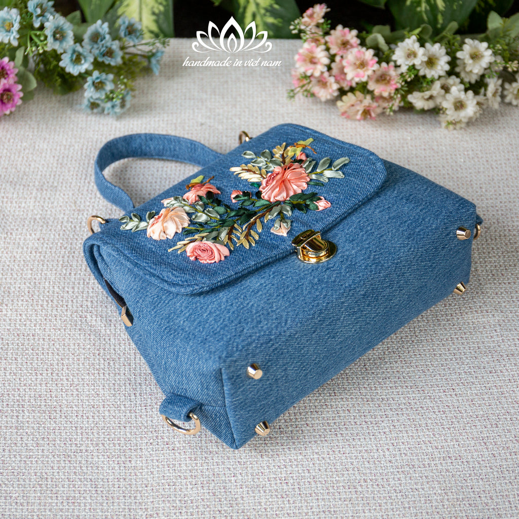 Ribbon Embroidered Denim Doctor Bag | Convertible Handbag & Mini Backpack