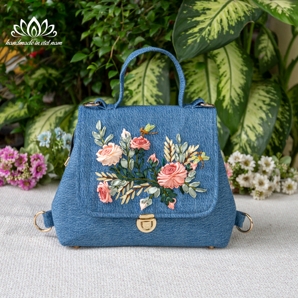 Ribbon Embroidered Denim Doctor Bag | Convertible Handbag & Mini Backpack