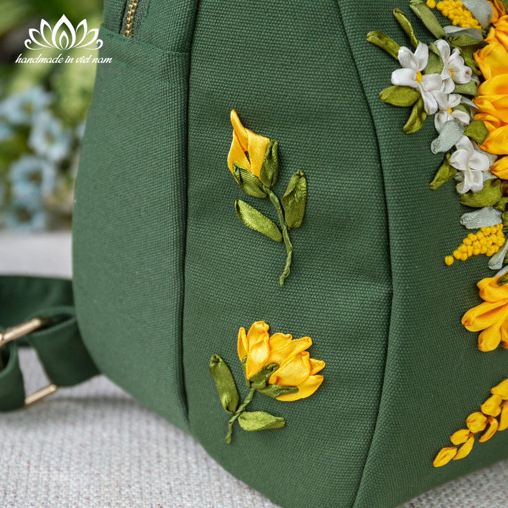 Hand Embroidered Sunflower Ribbon Backpack