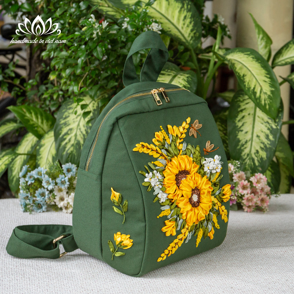 Hand Embroidered Sunflower Ribbon Backpack