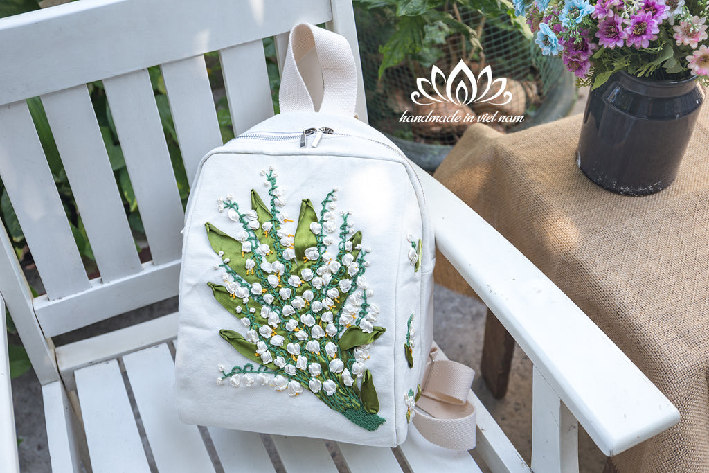 Lily of the Valley Ribbon Embroidered Backpack | A Symbol of Happiness