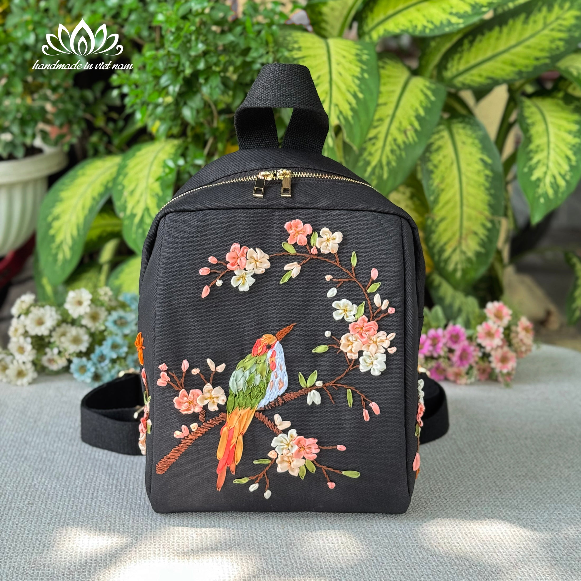 Ribbon Embroidered Bird Backpack | Everyday Canvas Backpack