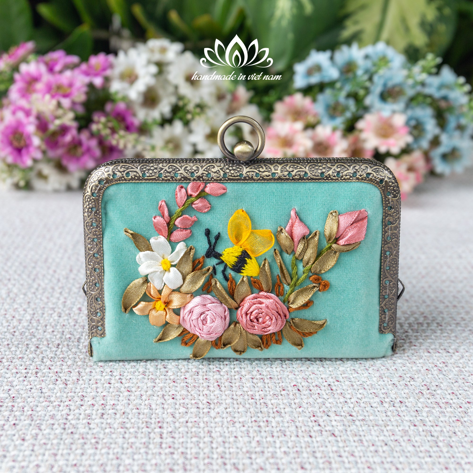 Ribbon Embroidered Mini Card Wallet | Compact Floral Coin Purse