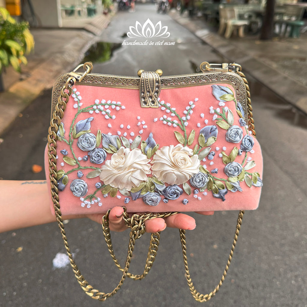 Hand Embroidered Velvet Clutch Bag | Floral Ribbon Embroidery Evening Bag