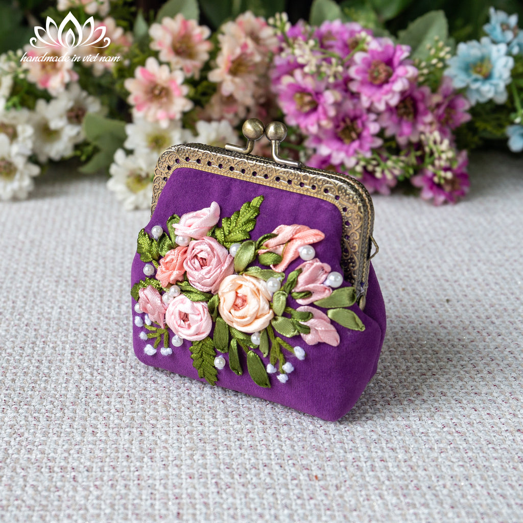 Hand Embroidered Velvet Coin Purse | Handmade Ribbon Embroidery Kiss Lock Pouch