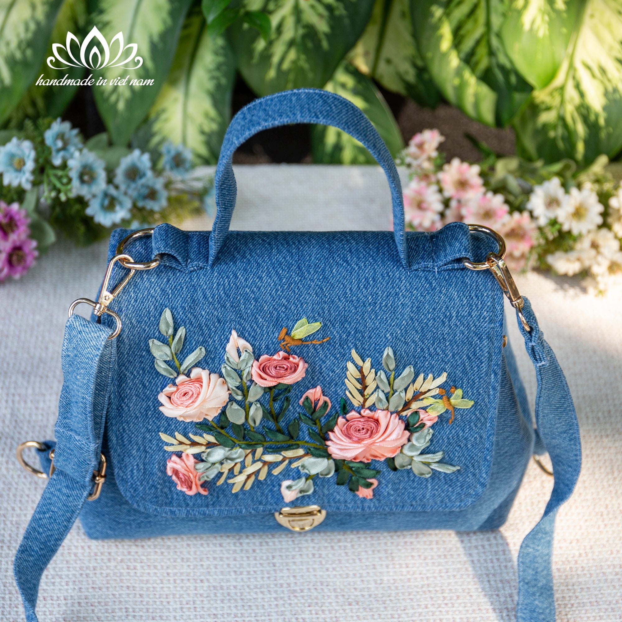 Ribbon Embroidered Denim Doctor Bag | Convertible Handbag & Mini Backpack