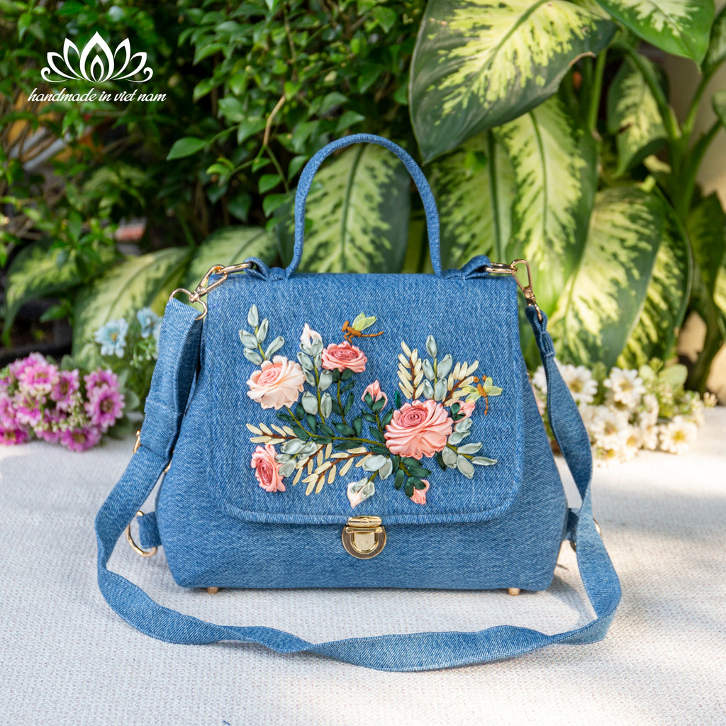 Ribbon Embroidered Denim Doctor Bag | Convertible Handbag & Mini Backpack