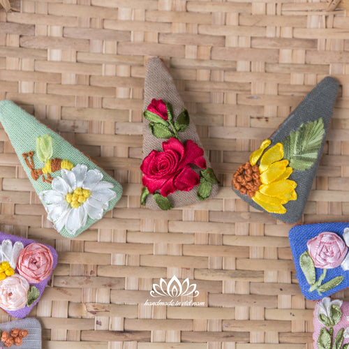 Hand Embroidered Linen Hair Clip | Ribbon Embroidery Triangle Hair Clip
