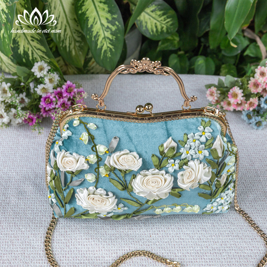 Hand Embroidered White Rose Velvet Kiss Lock Bag | A Gift of Purity and Timeless Love