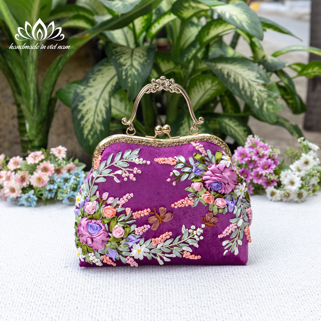 Hand Embroidered Velvet Kiss Lock Bag | Purple Ribbon Rose Purse