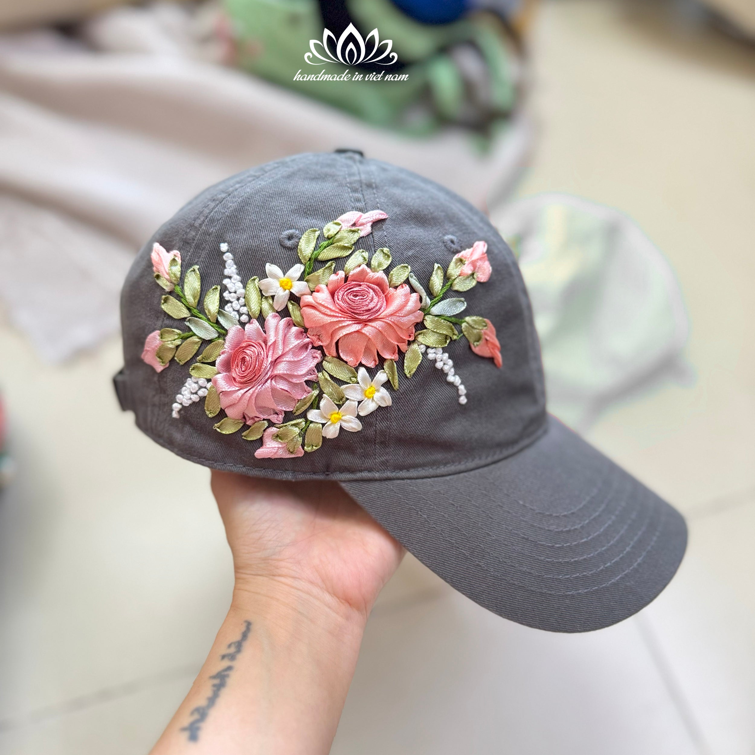 Hand Embroidered Rose Baseball Cap | Ribbon Embroidery Floral Hat