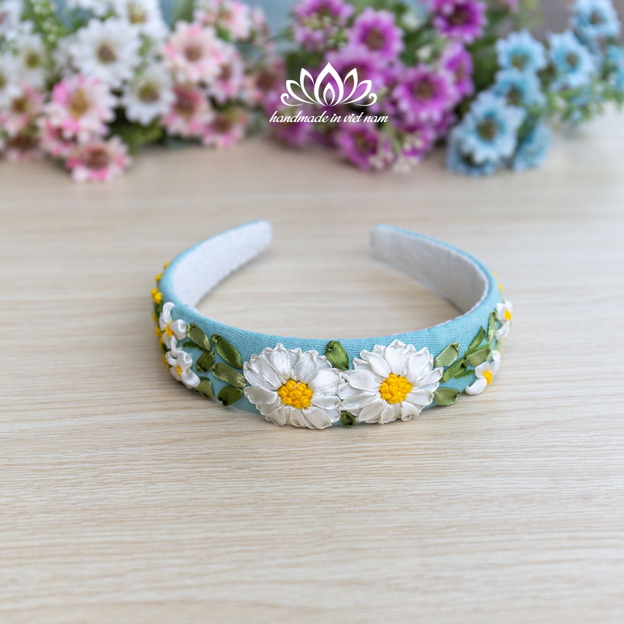 Ribbon Embroidered Linen Headband | Handmade Floral Hair Accessory for Women & Girls