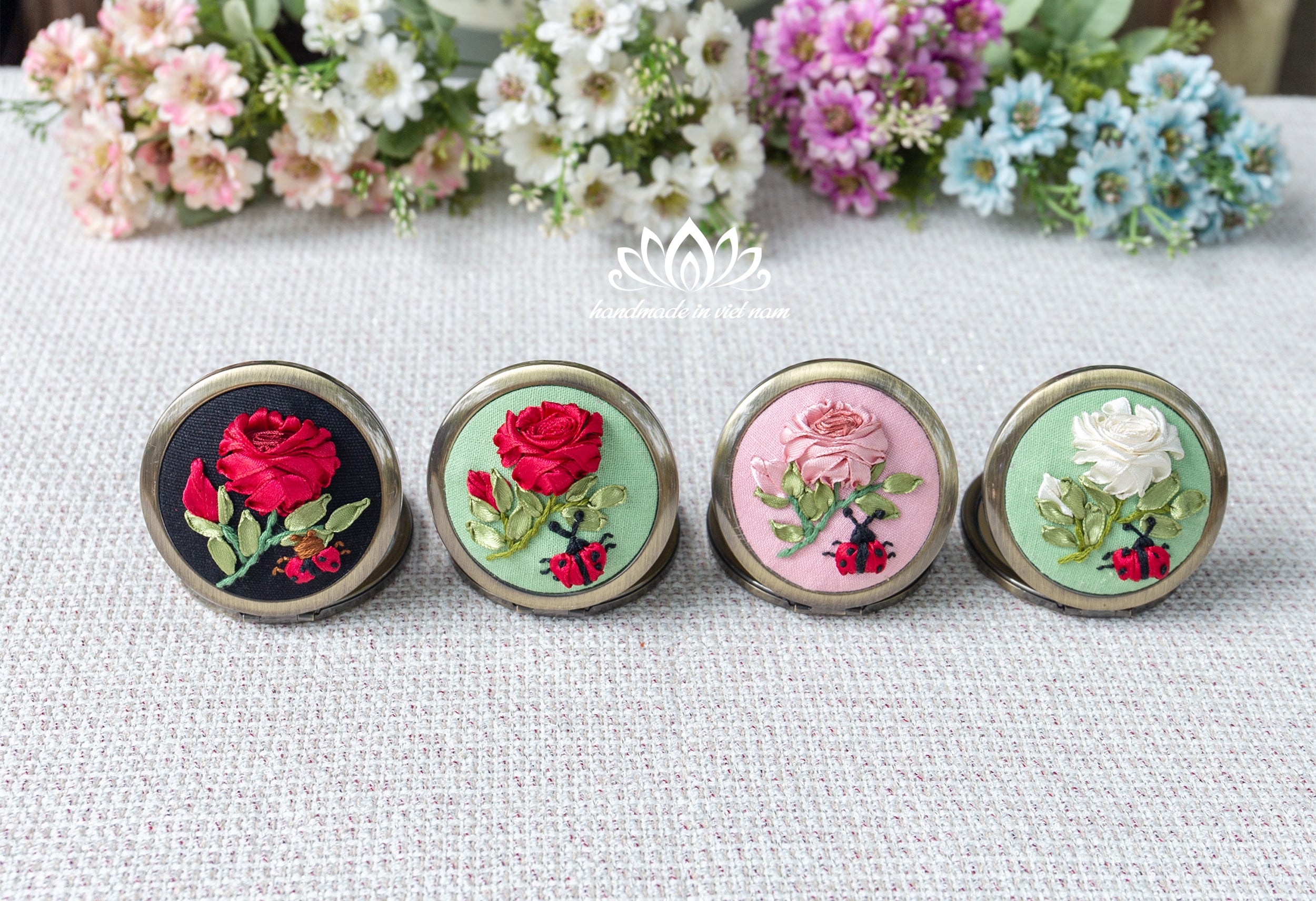 Hand Embroidered Pocket Mirror | Lucky Ladybug Ribbon Rose Gift
