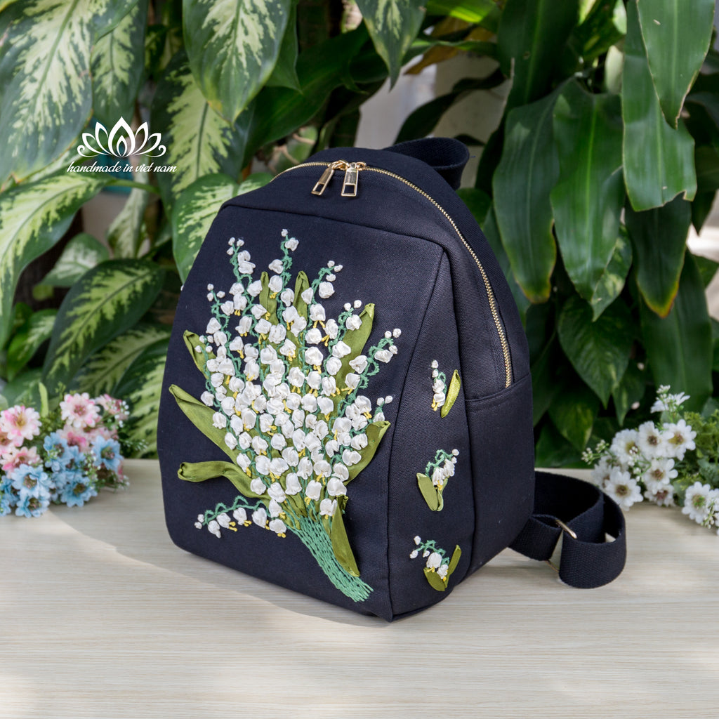 Lily of the Valley Ribbon Embroidered Backpack | A Symbol of Happiness