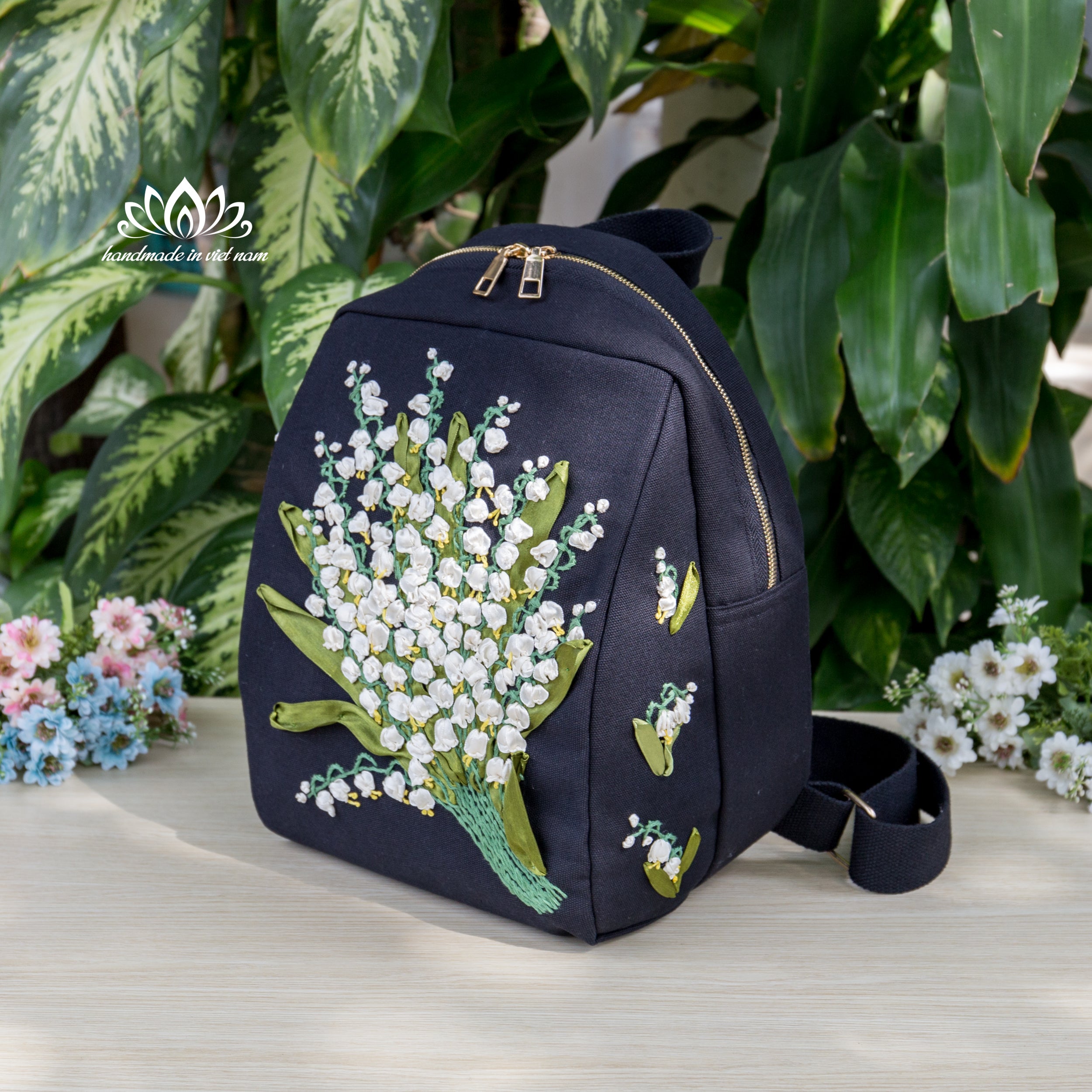 Lily of the Valley Ribbon Embroidered Backpack | A Symbol of Happiness